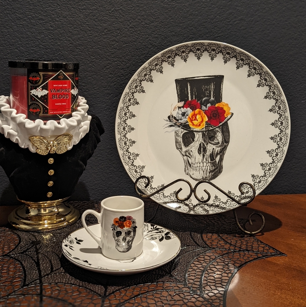 🆕 Floral Skull Espresso China Cups Harvest Green Studio - Picture 3 of 6